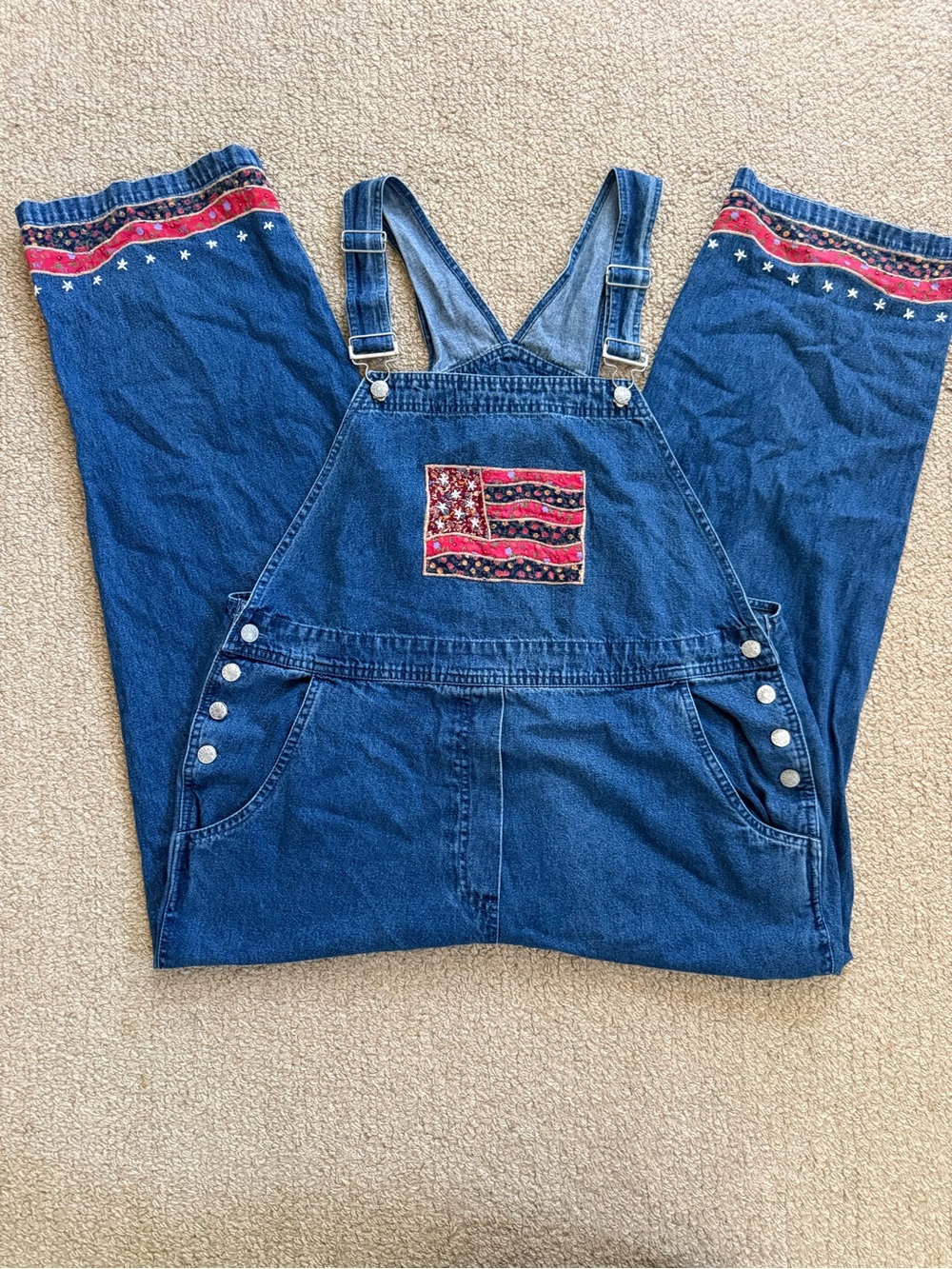 Vintage Denim Blue Women's Overalls with American Flag Embroidery